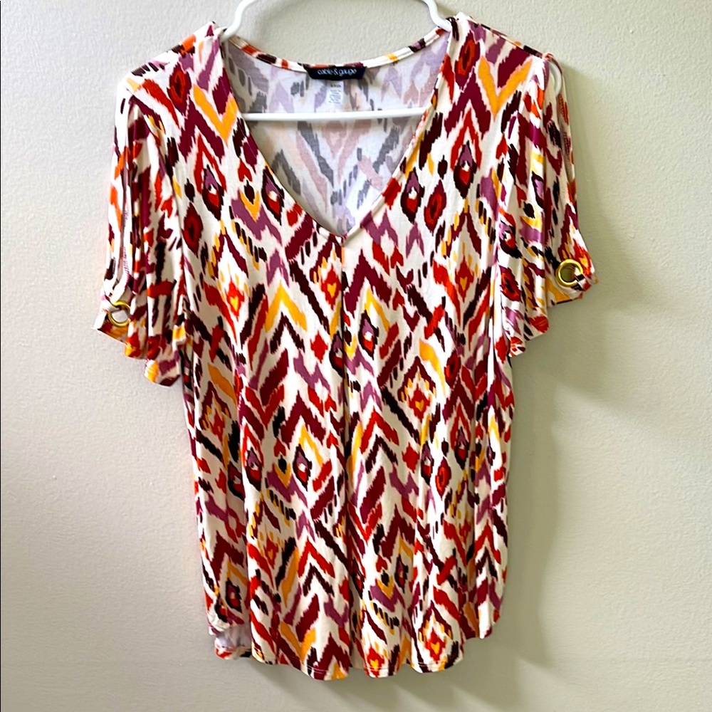 Women’s Knit Top w/Embellished Slitted Short Sleeves, Sz S
